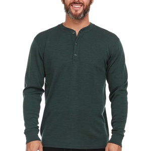 image:imageLong Sleeve Mens Henley  100 Merino Wool  3 Button Front Closure  Casual ShirtForest Green